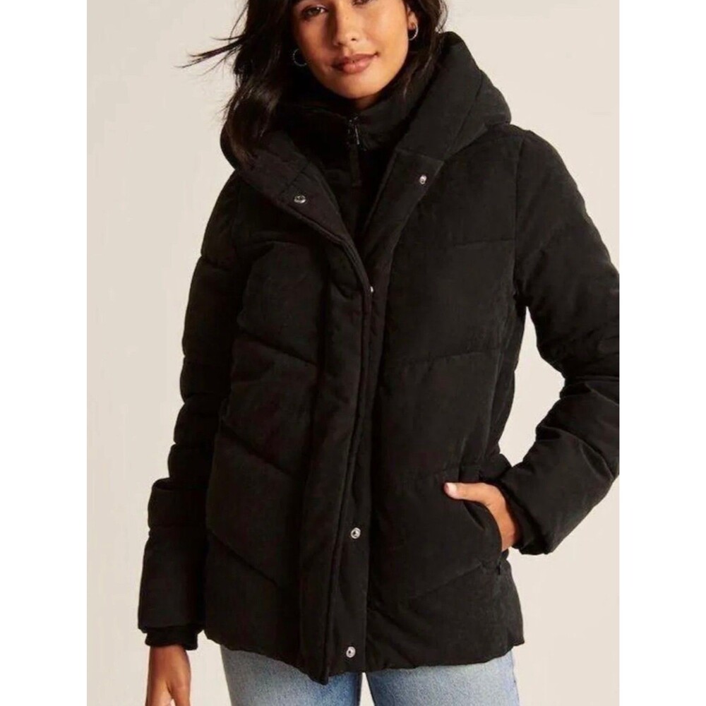 NWT ABERCROMBIE & FITCH Puffer Jacket Women M Ultra Black Full Zip hood